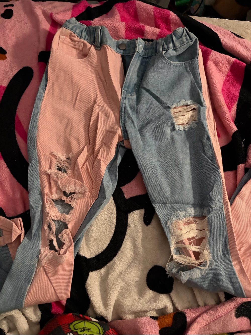 SHEIN Pink and Light Blue Two-Tone Ripped Jeans - Kids